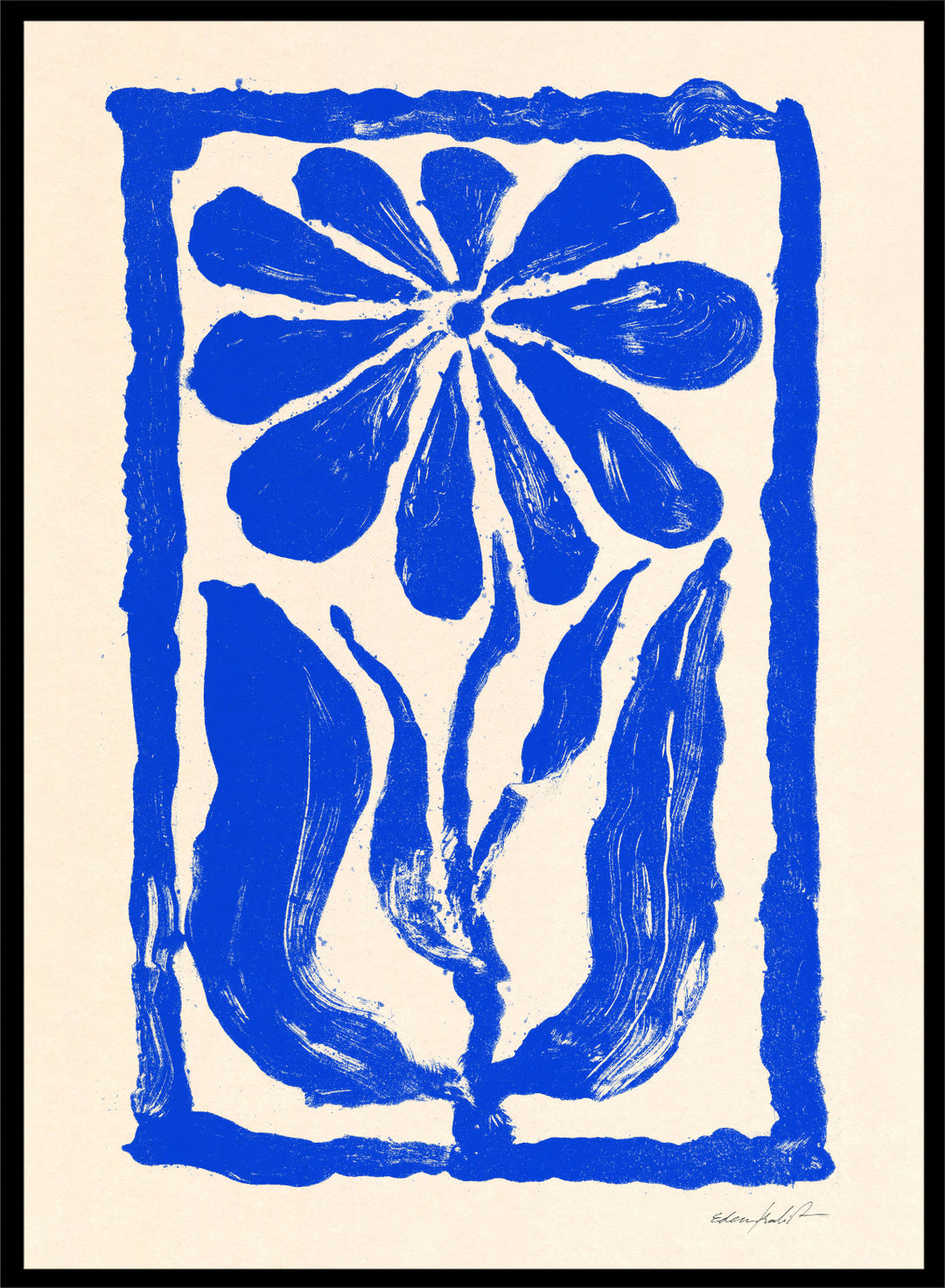 Blue floral design on a beige background. Blue Bloom by Eden Kalif is a modern floral art print featuring bold blue flower forms and graphic composition in a contemporary wall poster design.