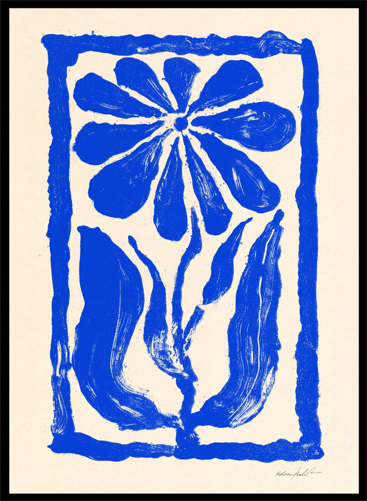 Blue floral design on a beige background. Blue Bloom by Eden Kalif is a modern floral art print featuring bold blue flower forms and graphic composition in a contemporary wall poster design.