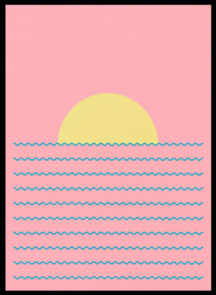 Simplified illustration of a sunset over water with blue waves on a pink background. Every Day the Sun Rises by Rosi Feist is a minimalist sun and waves art print with pink sky. Officially licensed modern poster with framing.