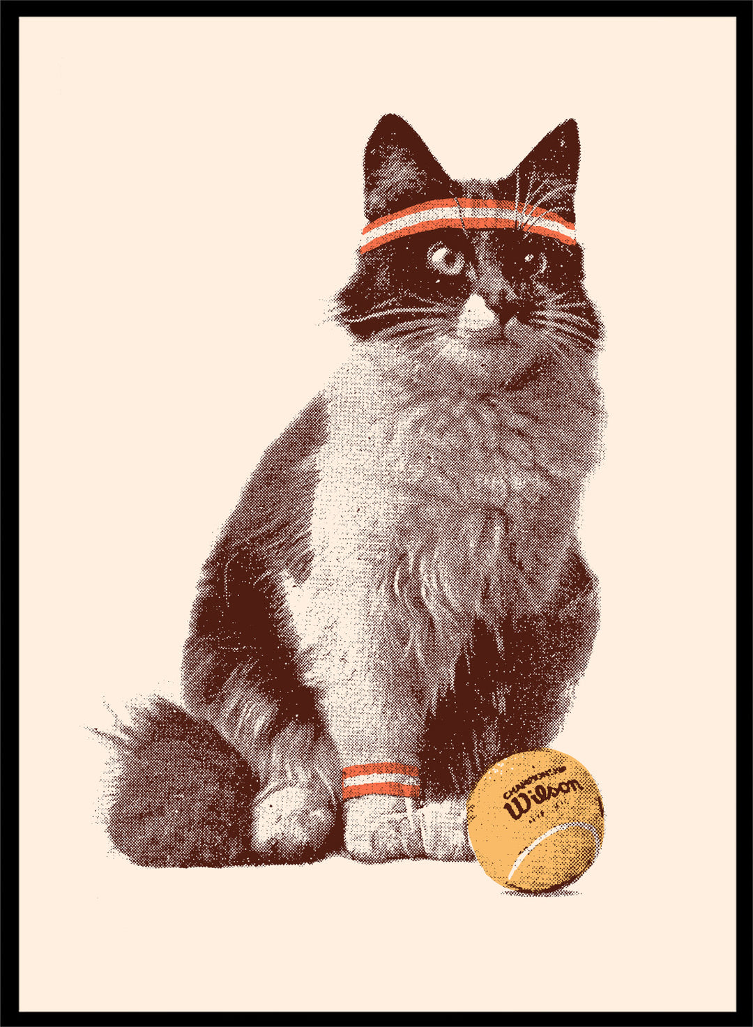 Cat wearing a striped bandana with a tennis ball on a beige background. Retro Tennis Cat by Florent Bodart is a playful cat art print with vintage tennis style, a modern wall poster with retro texture, humor, and character.