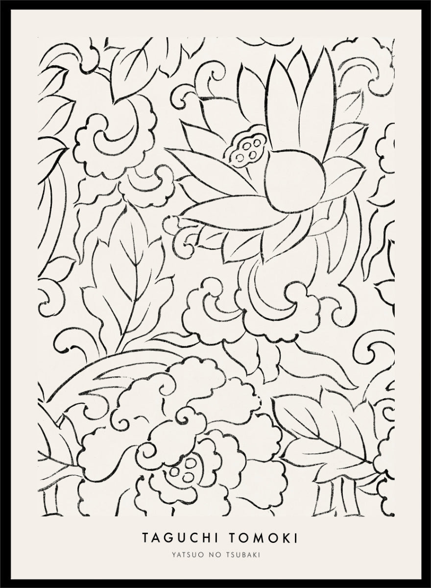 Floral Yatsuo no Tsubaki by Taguchi Tomoki is a vintage Japanese woodblock art print featuring stylized flowers, curling leaves, and elegant black linework.