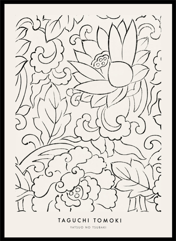 Floral Yatsuo no Tsubaki by Taguchi Tomoki is a vintage Japanese woodblock art print featuring stylized flowers, curling leaves, and elegant black linework.