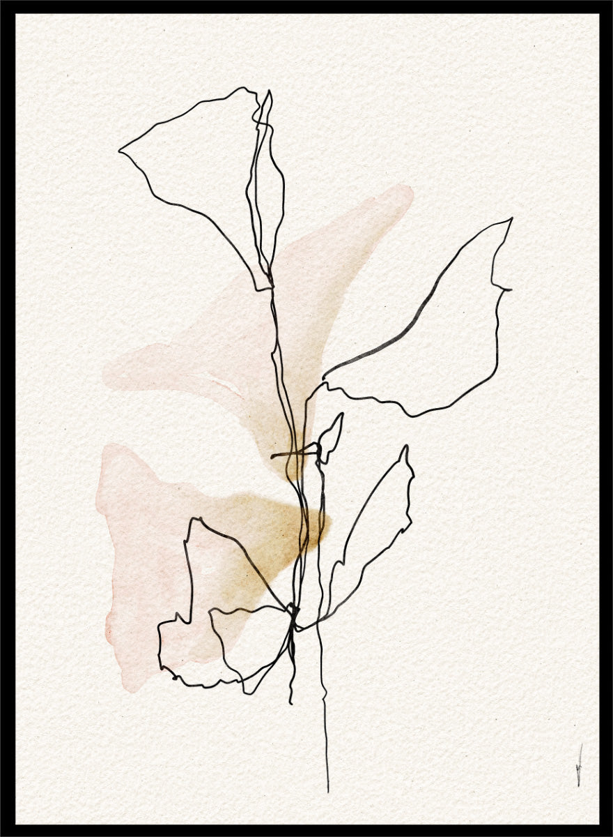 Shop Soft Blush Botanicals by Ankie Kooi, a modern botanical wall art print poster with minimalist line art, abstract leaves, blush pink, and soft ochre tones.