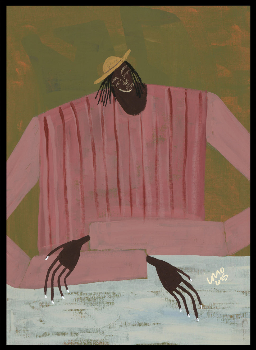 Artistic depiction of a person wearing a pink shirt and straw hat on a textured background. For Now I Don’t Know by Studio IMO (Ibi Meier-Oruitemeka) is a modern figurative art print with a seated figure and contemporary portrait wall poster design.