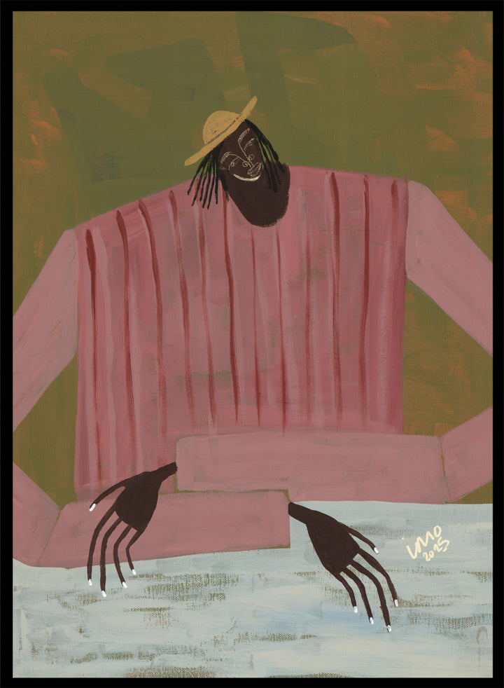 Artistic depiction of a person wearing a pink shirt and straw hat on a textured background. For Now I Don’t Know by Studio IMO (Ibi Meier-Oruitemeka) is a modern figurative art print with a seated figure and contemporary portrait wall poster design.