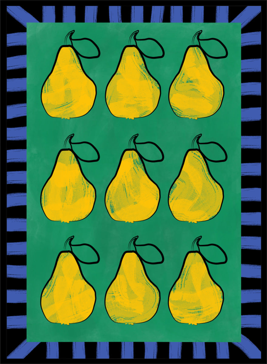 Shop Vibrant Pears Grid by Elena Ristova, a colorful pear wall art print poster in yellow, green, and blue with a bold graphic grid design.