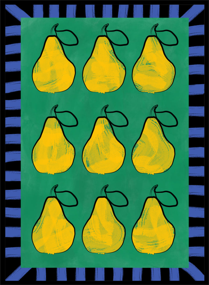 Shop Vibrant Pears Grid by Elena Ristova, a colorful pear wall art print poster in yellow, green, and blue with a bold graphic grid design.