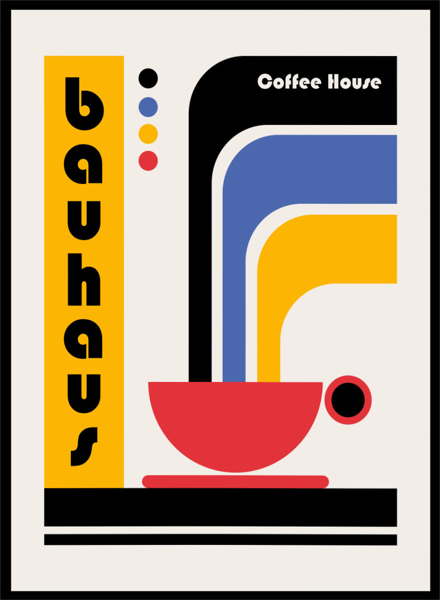Bauhaus Coffee House by Retrodrome kitchen art print featuring a red coffee cup, bold geometric forms, retro typography, and Bauhaus-inspired color.