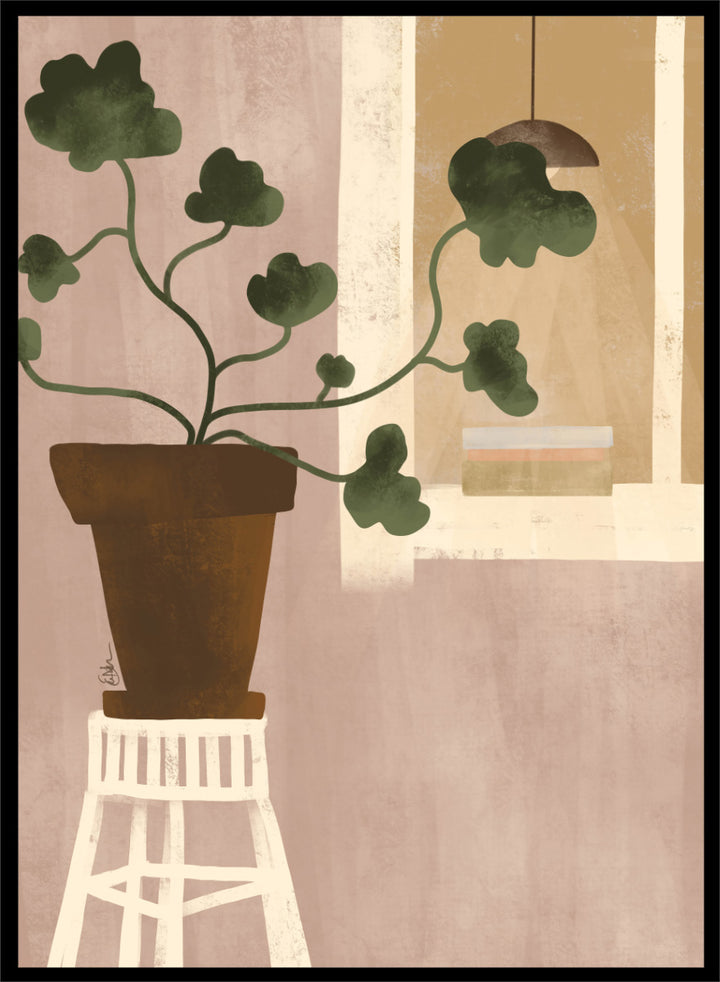 A minimalist art print depicting a potted green plant on a white stool against a dusty pink wall, with a window and hanging lamp in the background. Shop Cozy Houseplant Window by Elsa Nätterdal, a modern botanical interior art print featuring a leafy plant, soft neutral tones, and a cozy home setting.