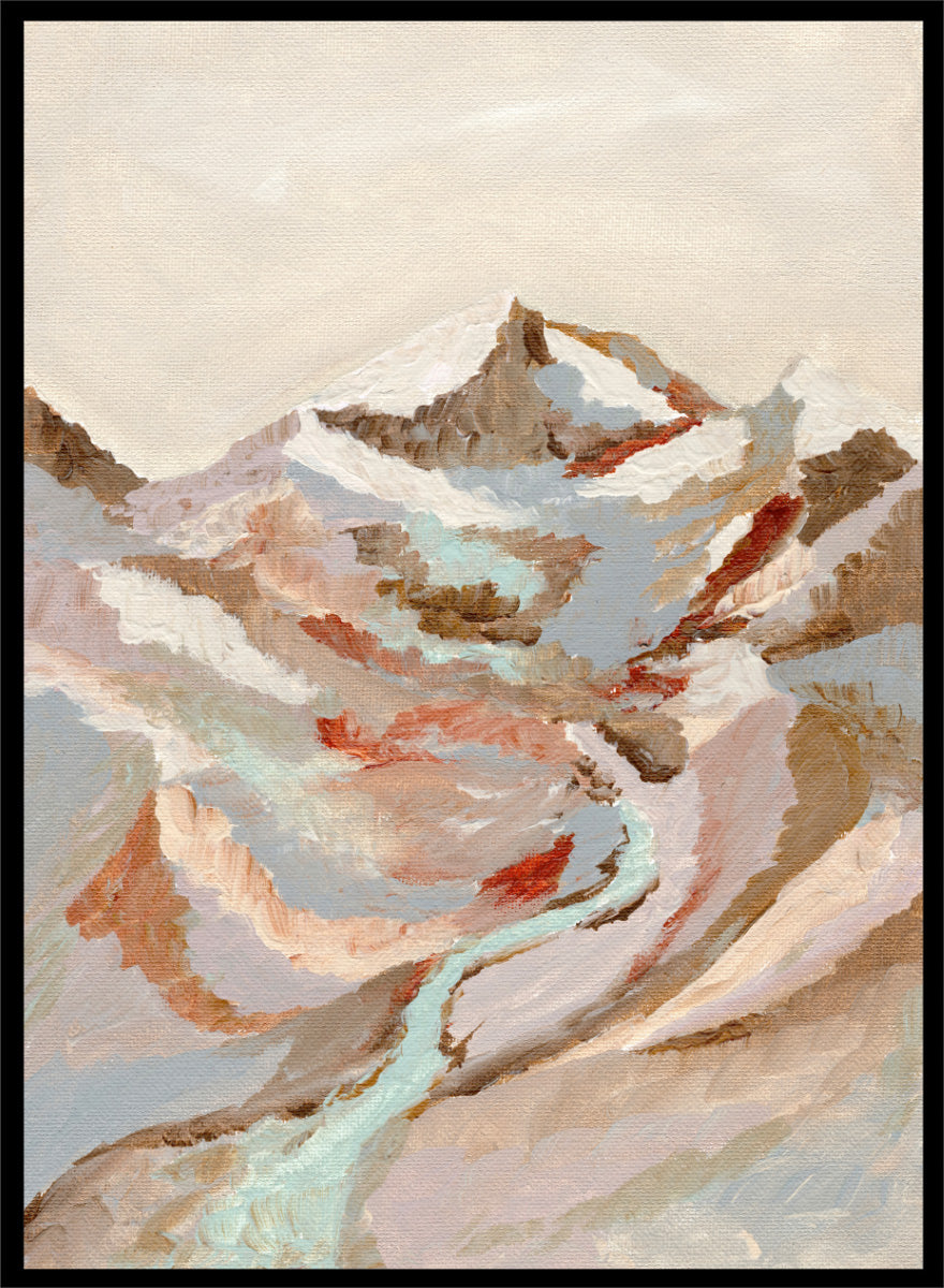 An abstract landscape painting of a snow-capped mountain range with a winding pale blue river, rendered in textured brushstrokes of beige, brown, gray, and muted red tones. Shop Painted Mountain River by Nikita Jariwala, a mountain landscape wall art print poster featuring a winding river, snowy peaks, and soft blue tones.