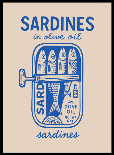 Sardines Kitchen Wall Art Print | Hand Drawn Retro Food Poster, Blue Tin Can Illustration, Modern Coastal Decor, Bold Graphic Fish