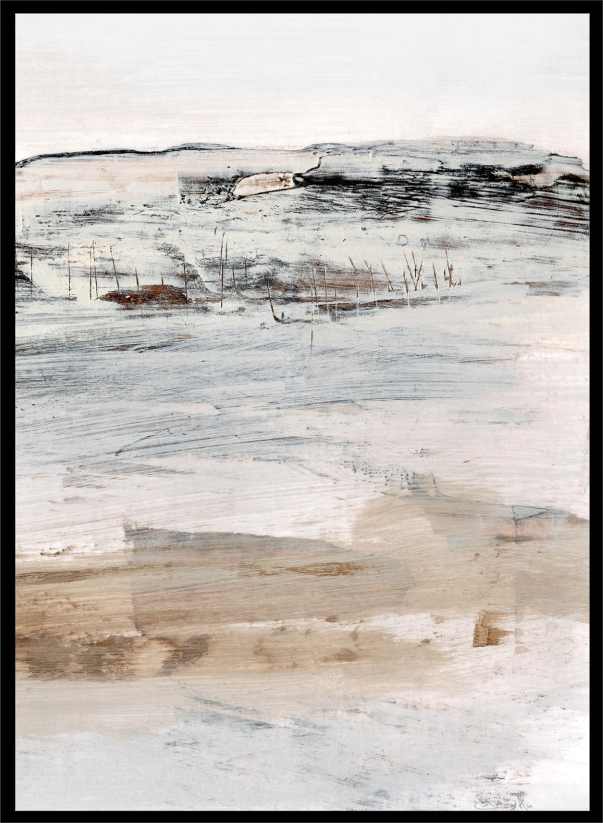 Shop August No. 02 by Dan Hobday, an abstract landscape art print with soft neutral tones, loose brushwork, distant landforms, and warm earthy texture.