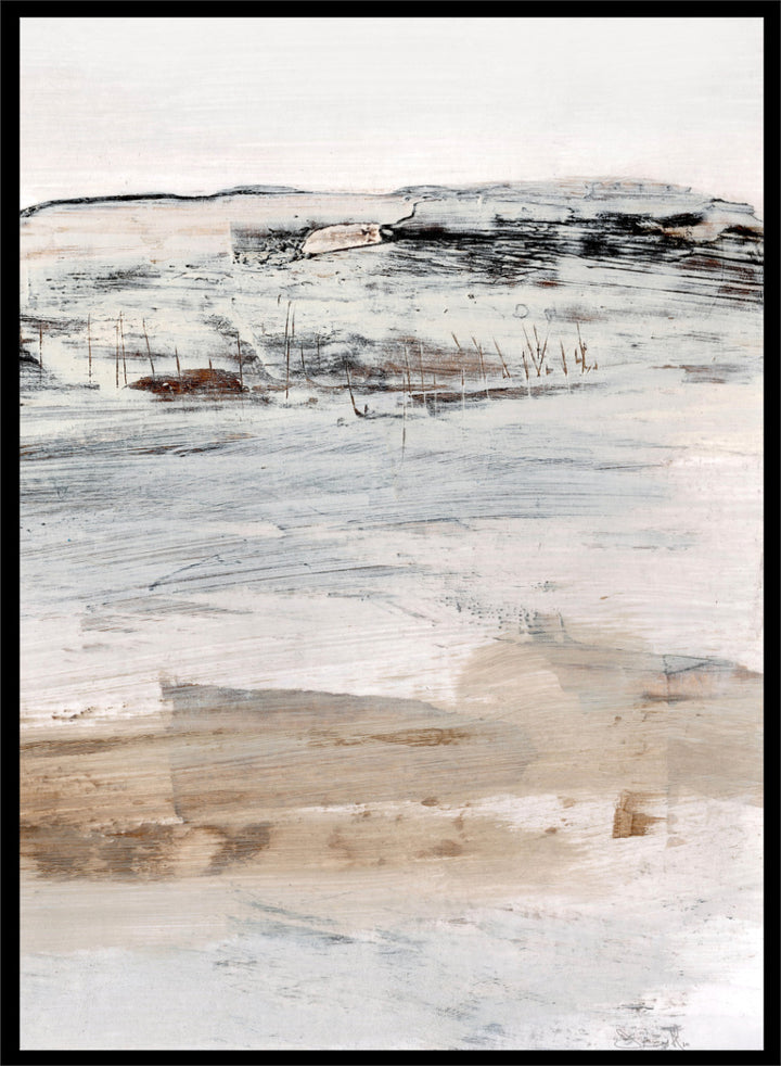 Shop August No. 02 by Dan Hobday, an abstract landscape art print with soft neutral tones, loose brushwork, distant landforms, and warm earthy texture.