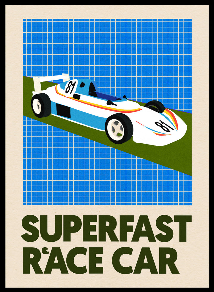 Poster of a race car with 'Superfast Race Car' text on a grid background. Superfast Race Car by Rosi Feist is a modern race car art print with bold graphic color, retro motorsport style, and contemporary poster design.
