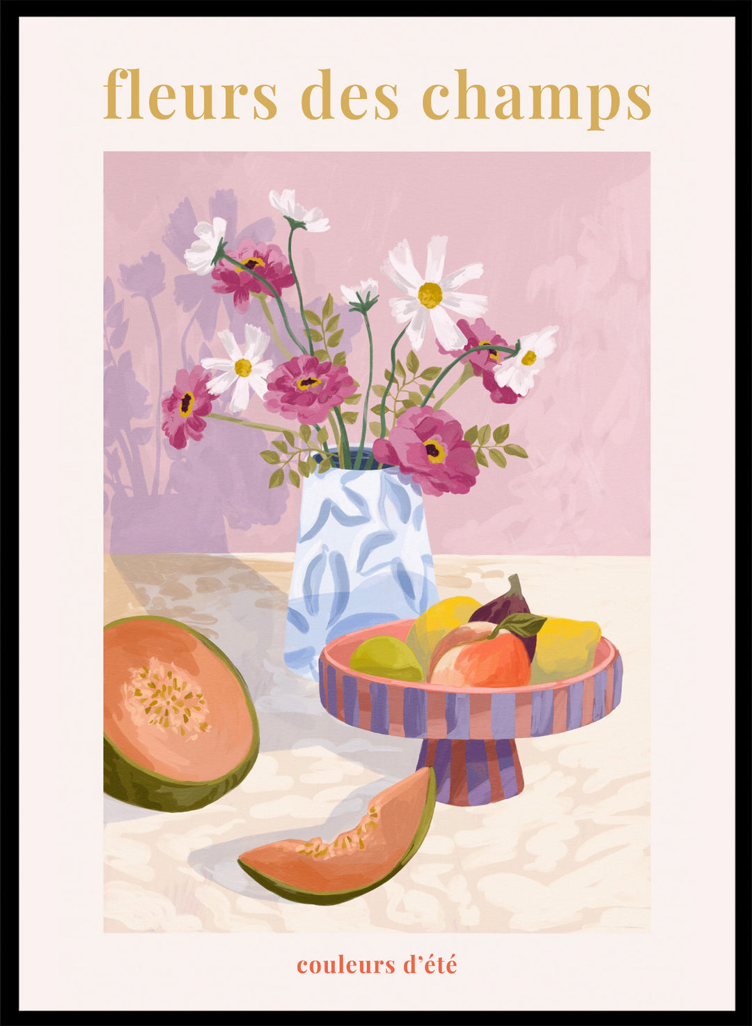 Illustration of a vase with flowers and fruits on a table against a pink background, with text 'fleurs des champs' and 'couleurs d'ete'. Fleur Des Champs Pink by Goed Blauw is a colorful still life art print and wall poster featuring flowers, fruit, and a patterned vase in a modern composition.