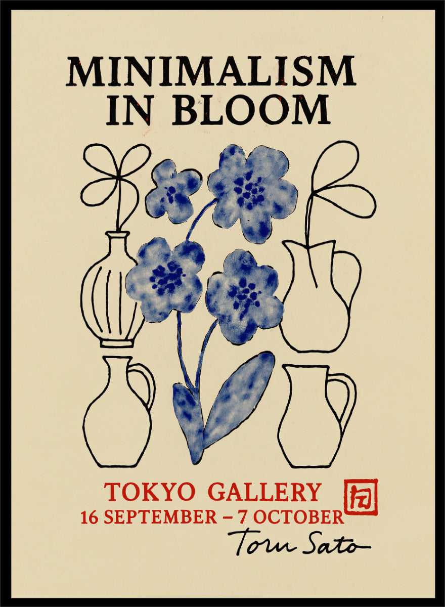 Blooming Simplicity by Treechild botanical gallery poster featuring blue flowers, hand-drawn vases, bold typography, and vintage exhibition styling.