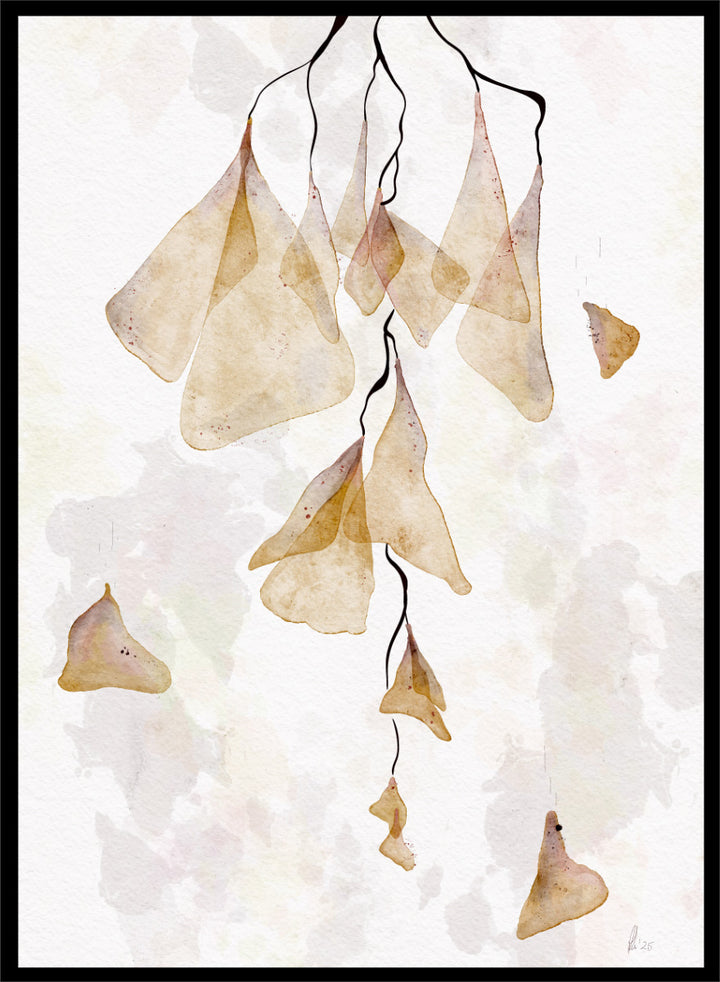 Watercolor art print featuring delicate, translucent beige and tan leaf-like shapes hanging from thin dark stems on a soft off-white background. Shop Translucent Organic Flow by Ankie Kooi, an abstract botanical wall art print poster with hanging watercolor florals, organic line art, and cream tones.