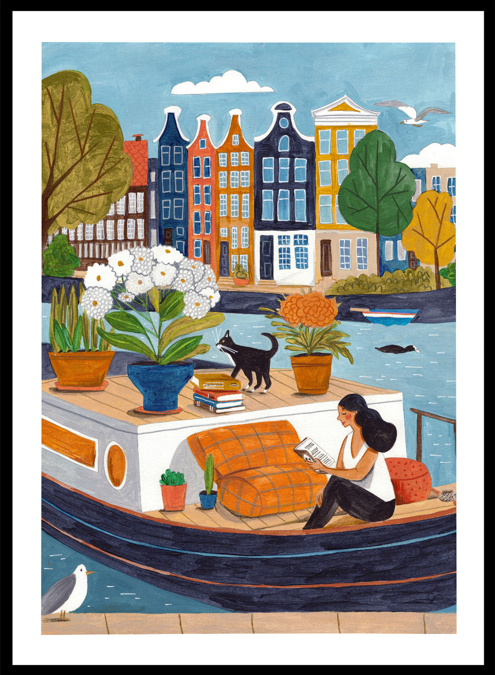 Illustration of a woman on a boat with flowers and a cat, surrounded by colorful houses. Cozy Canal Reading by Caroline Bonne Müller is a fine art print and wall poster featuring a woman reading on a canal boat with colorful European buildings in the background.