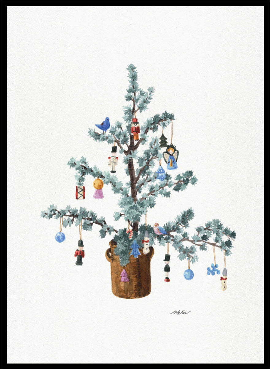 Shop Potted Festive Christmas Tree by NKTN, a Christmas wall art print poster featuring a decorated tree with nutcrackers, birds, bells, and vintage ornaments.