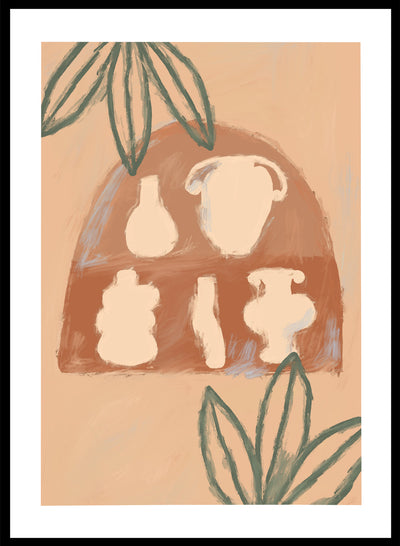 Terracotta Pottery Wall Art Print | Hand Drawn Shelf Illustration, Modern Vase Silhouette Poster, Contemporary Aesthetic Neutral Decor