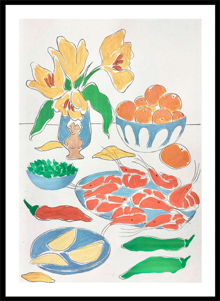 A framed still life art print featuring yellow tulips in a blue vase, bowls of oranges, red shrimp, green peppers, and yellow lemon wedges. Shop Fresh Flowers and Feast by Rushati Chowdhury, a colorful food and floral art print featuring shrimp, oranges, peppers, greens, lemon, and yellow flowers.