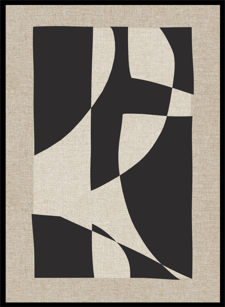 Abstract geometric wall art featuring bold black organic shapes over a warm beige linen-textured background. Shop Skära by Dan Hobday, a contemporary abstract wall art print featuring bold black geometric forms, curved shapes, and warm beige textured tones.