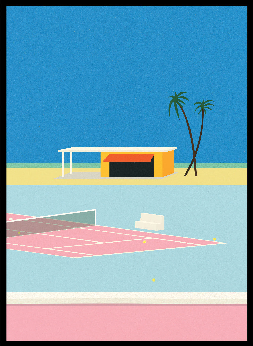 Simplified illustration of a tennis court with a small building and palm trees against a blue sky. Tennis By the Beach by Rosi Feist is a minimalist modern art print of a tennis court beside beach and palm trees. Officially licensed fine art poster with framing.