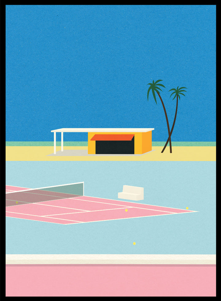 Simplified illustration of a tennis court with a small building and palm trees against a blue sky. Tennis By the Beach by Rosi Feist is a minimalist modern art print of a tennis court beside beach and palm trees. Officially licensed fine art poster with framing.