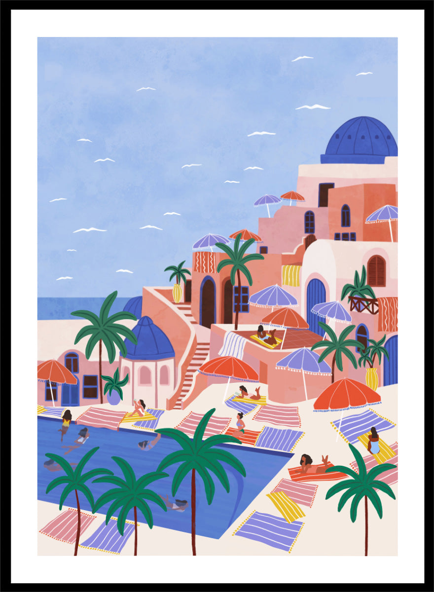 A stylized art print depicting a Mediterranean resort scene with palm trees, beach umbrellas, lounge chairs, a swimming pool, and pastel-colored buildings under a light blue sky. Mediterranean Poolside Retreat by Ceyda Alasar travel art print featuring a colorful coastal resort, palm trees, sunbathers, striped umbrellas, and sea views.