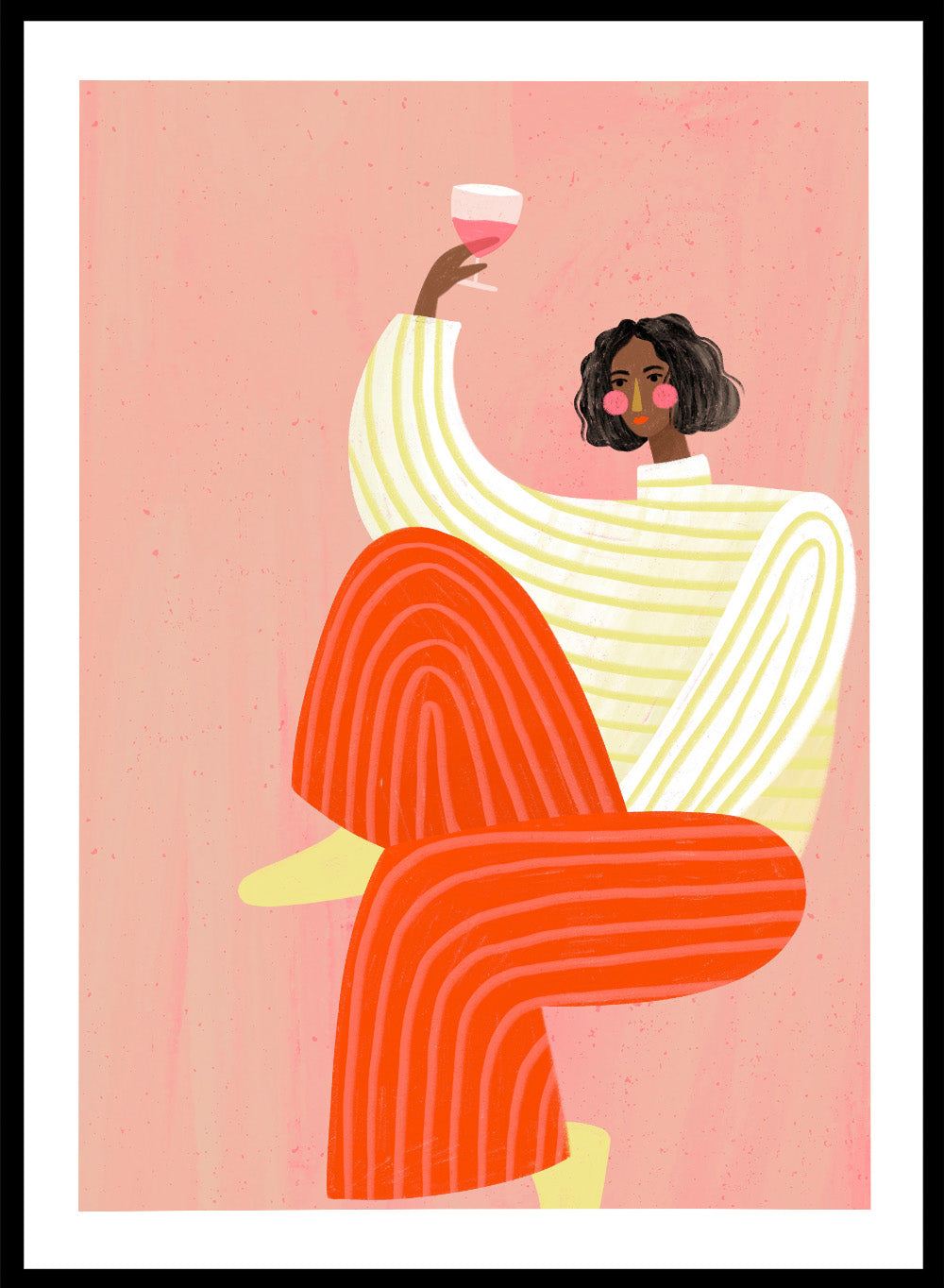 The Woman With a Glass of Wine by Bea Müller is an officially licensed art print featuring bold color and a modern illustrated portrait. Available framed or unframed.