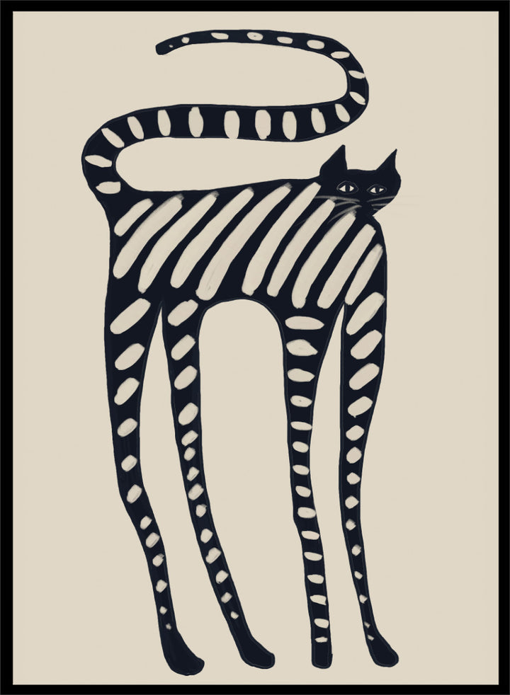 A stylized black cat illustration with bold diagonal stripes and white oval spots on a warm beige background. Striped Whimsical Cat by The Art Concept playful cat art print featuring an elongated black cat with cream stripes and an oversized looping tail.