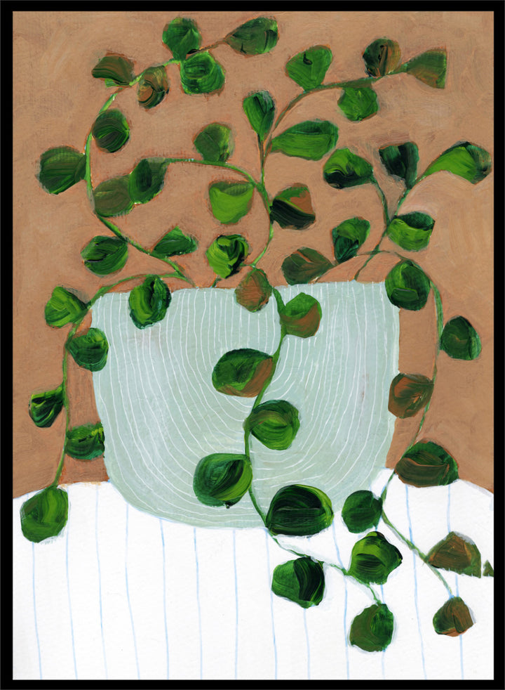 Shop Warm Houseplant Pot by Nikita Jariwala, a botanical wall art print poster featuring a trailing houseplant in a green pot with warm green tones.