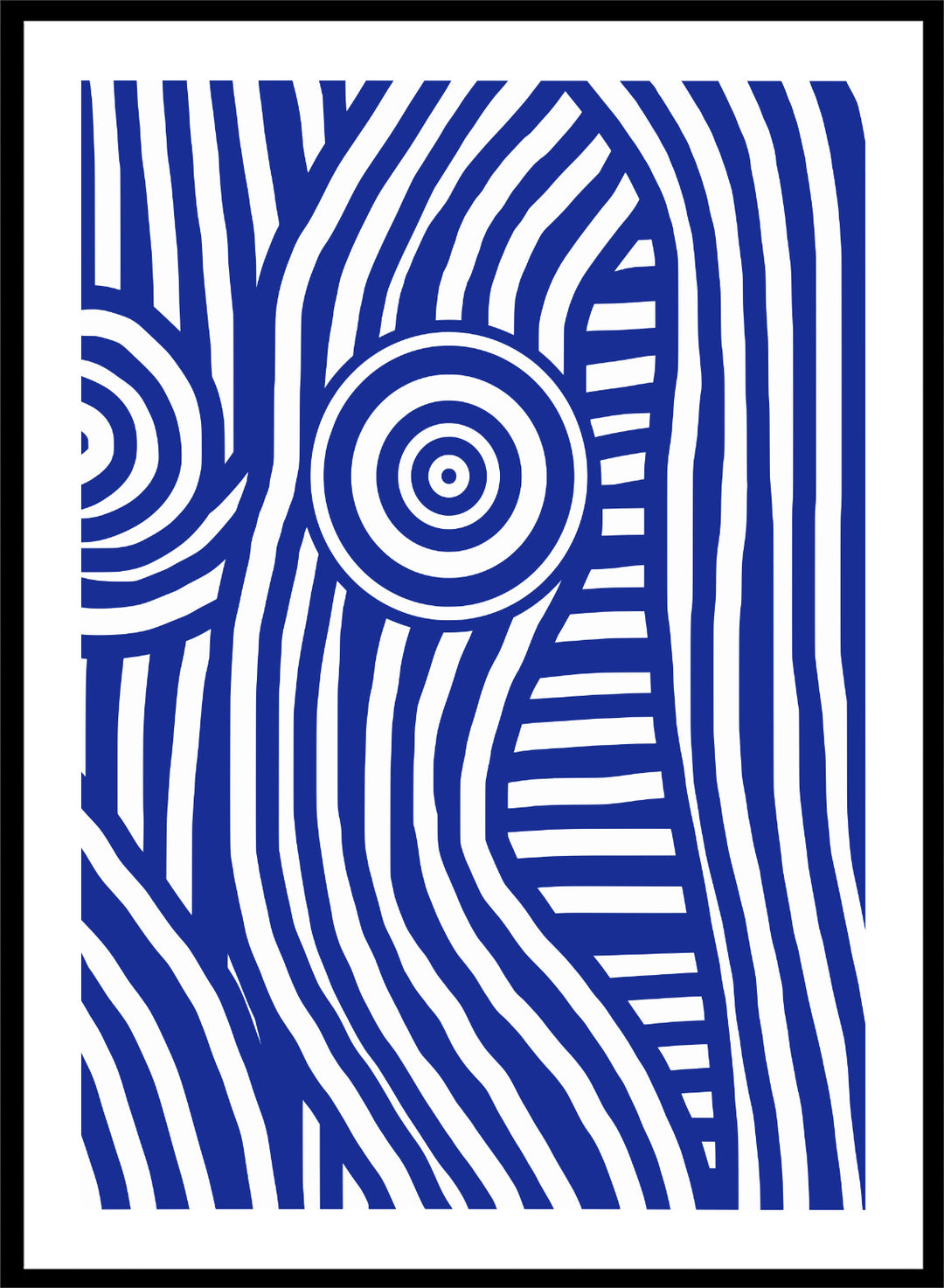 Abstract design with blue and white concentric circles on a white background. Blue and White Striped Figure by Little Dean abstract optical illusion art print featuring striped body form, modern graphic pattern illustration wall art poster.