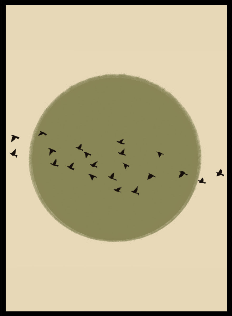 Minimalist art print featuring a large olive green circle with small black bird silhouettes flying across it, set against a warm beige background. Graceful Birds Soaring by The Art Concept is a minimalist bird art print featuring black birds in flight across an olive green circle and warm cream background.
