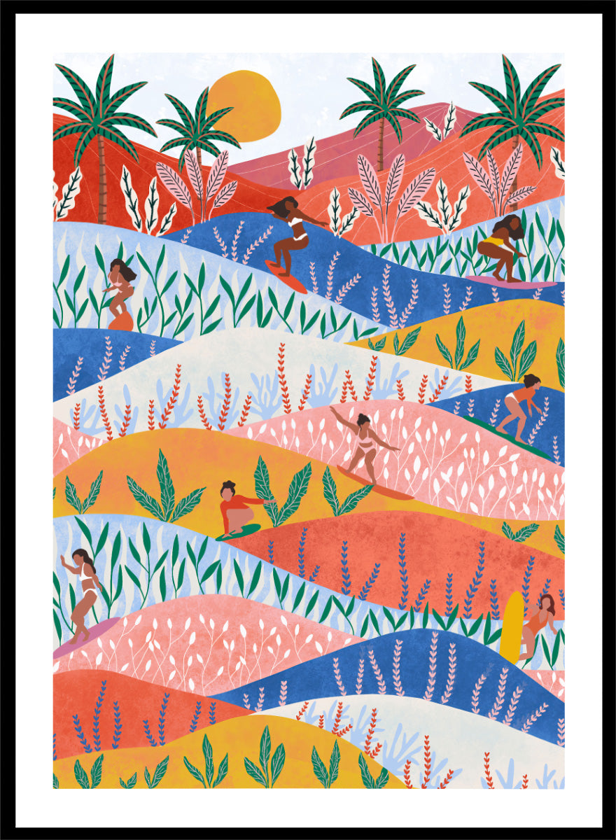 A framed art print featuring a colorful, stylized landscape illustration with rolling hills, palm trees, a sun, and small human figures in a folk-art style. Tropical Surf Girls by Ceyda Alasar surf art print featuring women riding waves through a colorful palm-filled landscape in bold tropical tones.