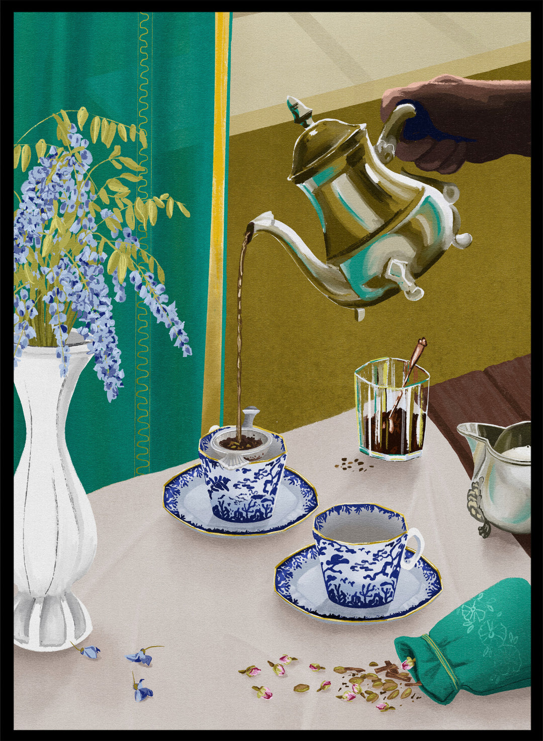 Tea being poured from a teapot into a cup on a table with a vase of flowers and a glass. I Despise English Tea by Goed Blauw is a still life art print and wall poster featuring tea being poured into patterned cups with bold green and gold tones.