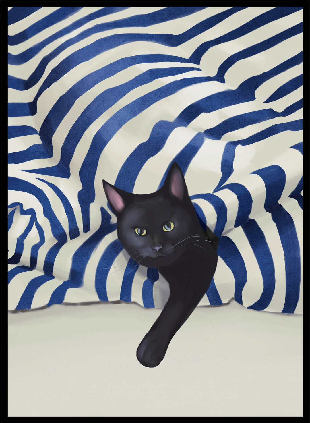 Black cat peeking out from behind a blue and white striped fabric. Peeking Black Cat by Flow Line features a mischievous black cat among striped cushions, adding playful cat art and modern coastal style to your home.