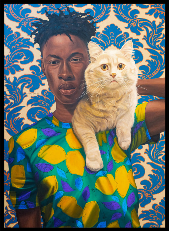 A stylized portrait artwork of a person holding a white cat, set against a blue and beige damask pattern background. Shop Man and Cat Portrait by Nigerian artist Damilare Jamiu, a contemporary portrait art print with a cream cat, bold fashion, and rich green and blue tones.