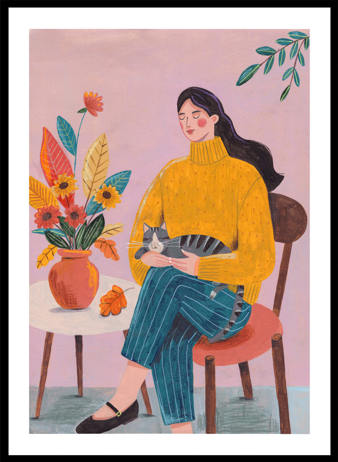 Illustration of a woman in a yellow sweater holding a cat, sitting by a table with flowers on a pink background. Peaceful Woman and Cat by Caroline Bonne Müller is a fine art print and wall poster featuring a woman holding a cat beside a floral arrangement.