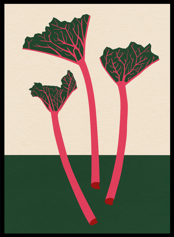 Illustration of red rhubarb stalks with green leaves on a beige and green background. Swedish Garden Rhubarb by Rosi Feist is a modern botanical art print with bold minimalist color and Bauhaus-inspired design. Officially licensed fine art poster with framing.