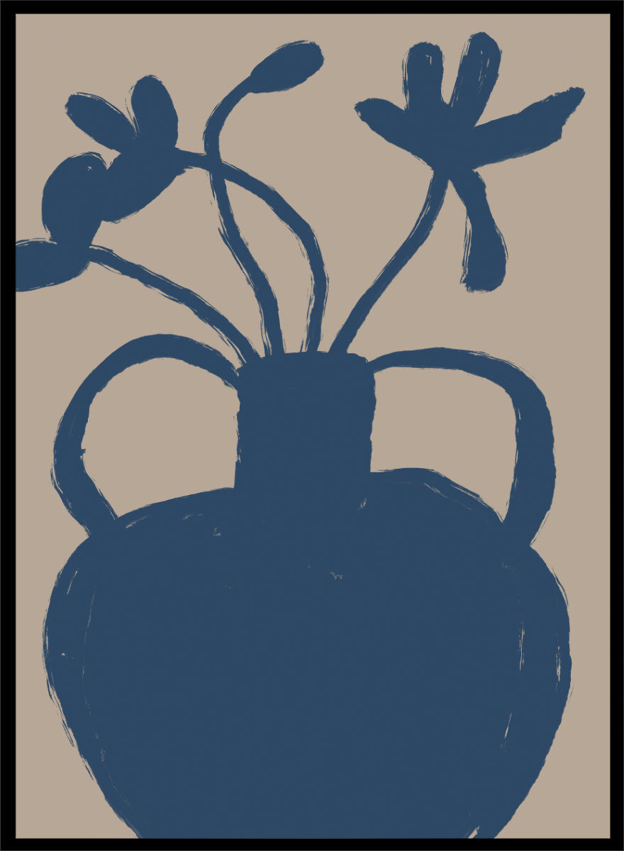 A minimalist art print featuring a dark blue silhouette of a vase with two handles and abstract flower stems, set against a warm beige background. Minimalist Blue Blooms by The Art Concept is a modern floral art print featuring a deep blue vase, loose flowers, and a warm beige background.