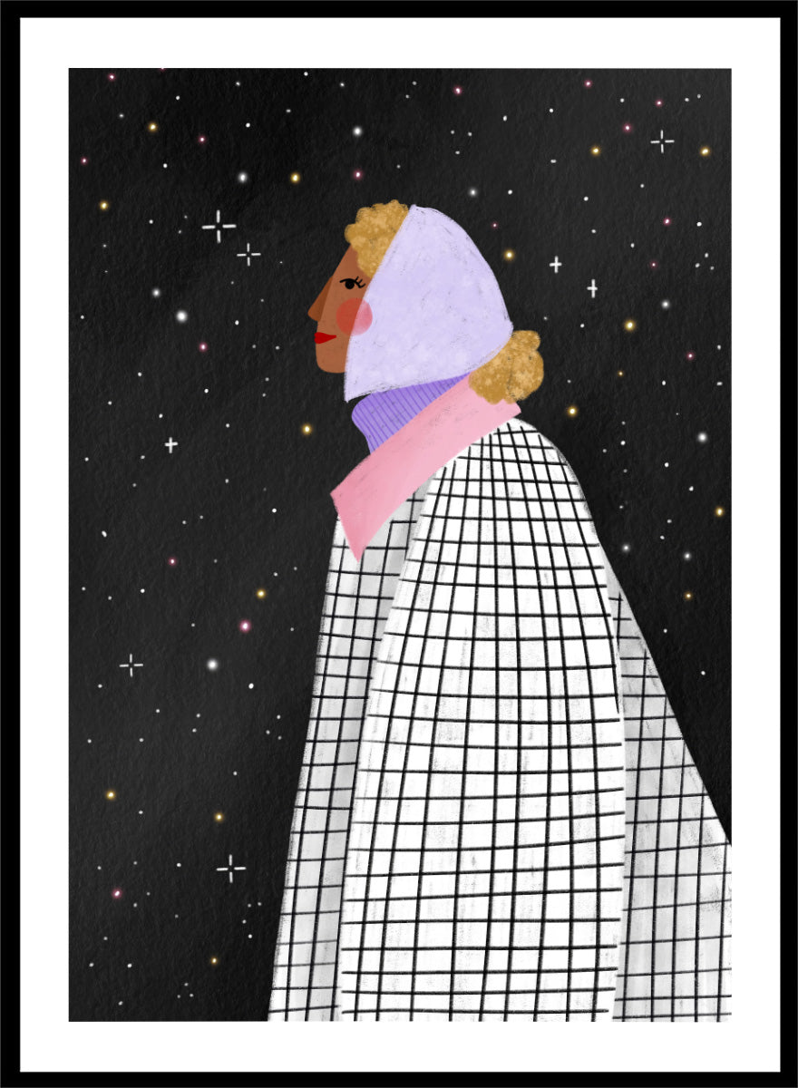 A framed art print featuring a stylized illustration of a woman in profile wearing a white and black checkered cape and a lavender headscarf against a black starry background. Shop Woman Under Starry Night by Bea Müller, a figurative wall art print poster featuring a contemplative woman beneath a star-filled black night sky.