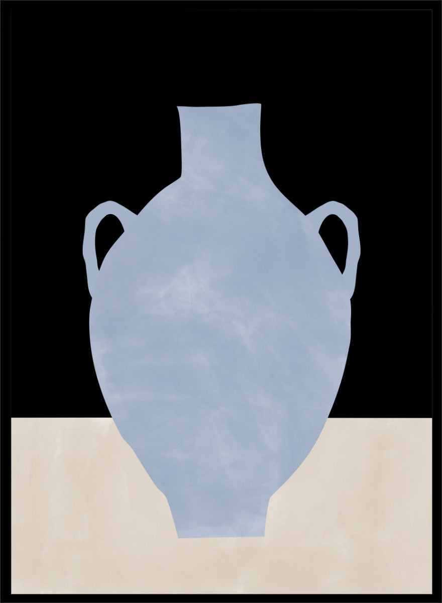 Shop Blue Minimalist Vase by Elena Ristova, a modern still life wall art print poster featuring a pale blue amphora against black and cream blocks.
