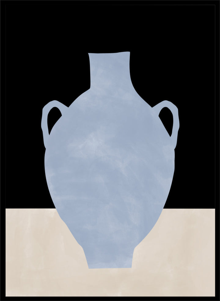 Shop Blue Minimalist Vase by Elena Ristova, a modern still life wall art print poster featuring a pale blue amphora against black and cream blocks.