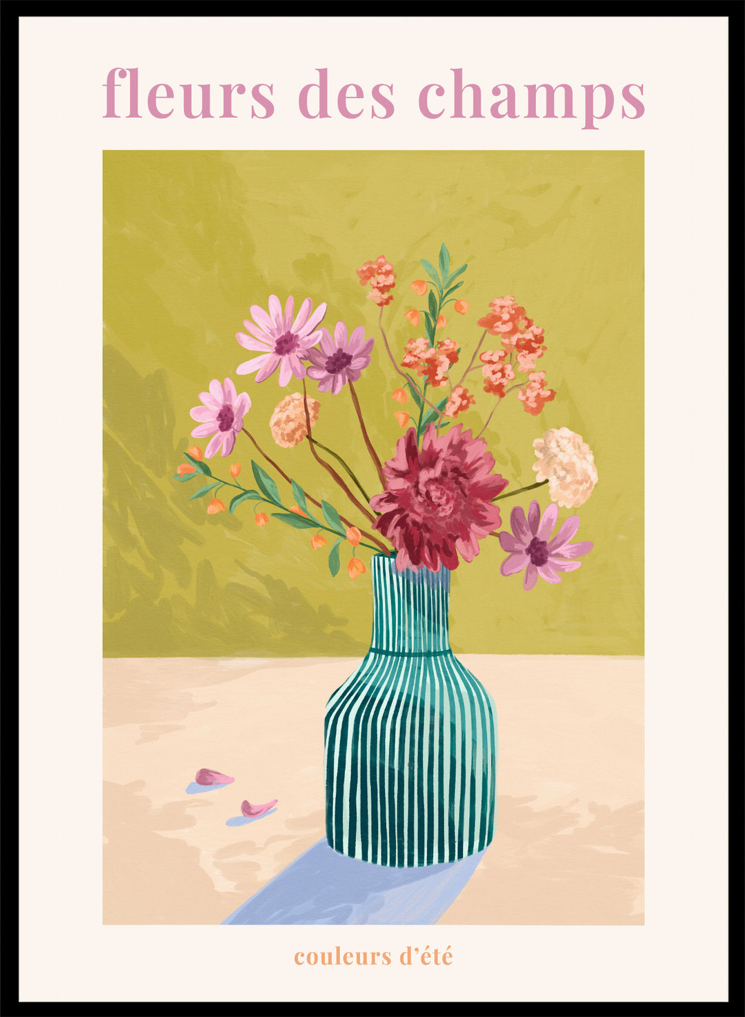 Illustration of a vase with flowers on a green background, featuring the text 'fleurs des champs' and 'couleurs d'ete'. Fleur Des Champs Green by Goed Blauw is a colorful floral art print and wall poster featuring a striped vase with loose flowers on a warm yellow background.