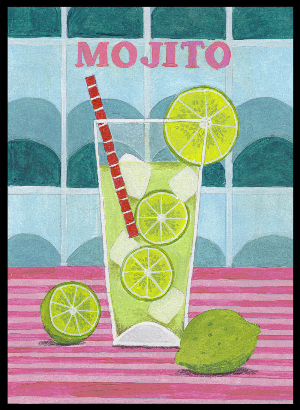 Illustration of a mojito cocktail with lime slices and a red straw on a tiled background. Glass of Mojito by Caroline Bonne Müller is a fine art print and wall poster featuring a lime mojito, citrus slices, and bold tiled background.