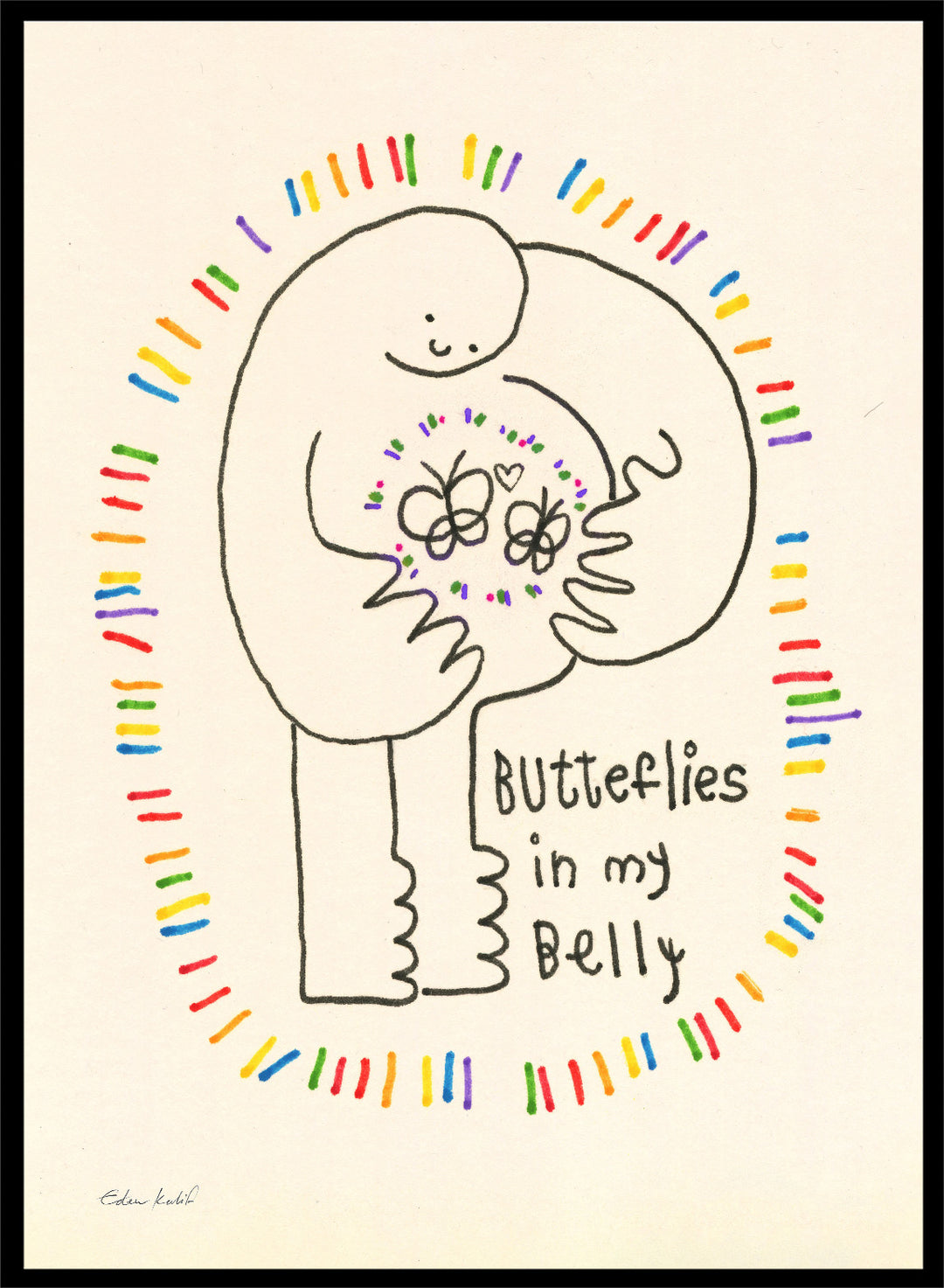 Illustration of a person with butterflies and text 'Butterflies in my Belly' on a beige background. Butterflies by Eden Kalif is a playful modern line art print with colorful details and text, a contemporary minimalist wall poster with expressive and fun design.
