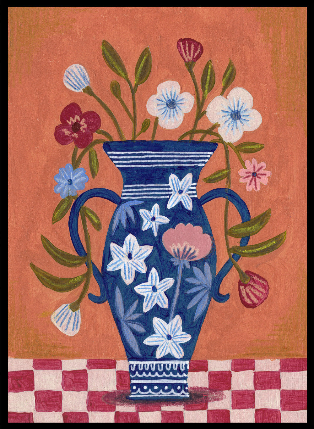 Decorative painting of a blue vase with floral patterns on a checkered floor against an orange wall. Folk Art Flower Vase by Caroline Bonne Müller is a fine art print and wall poster featuring a blue floral vase with colorful flowers on a checkered table.