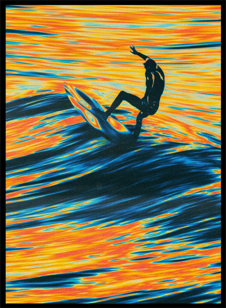 Artistic depiction of a surfer on a wave with vibrant orange and blue colors. Surf Trip by Taudalpoi surreal psychedelic surf art print with glowing ocean waves and lone surfer, retro cosmic collage poster wall art.