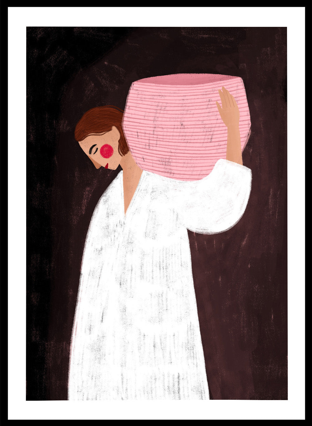 The Woman With the Pink Basket by Bea Müller is an officially licensed art print featuring a modern illustrated figure with soft color contrast and a calm, grounded feel. Available framed or unframed.